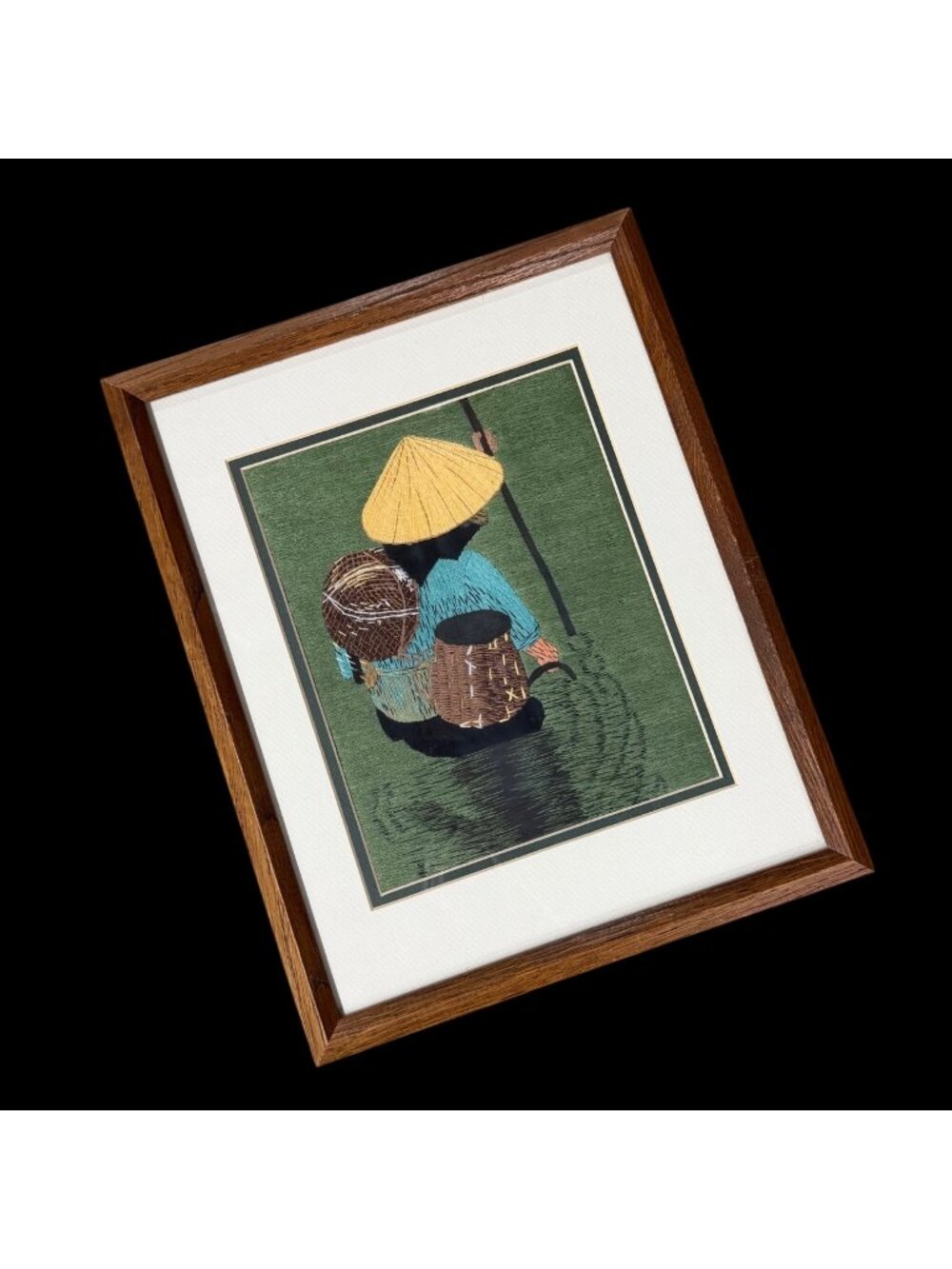 Vintage Needlework Framed Art Embroidered Fisherman Asian Style Wall Hanging